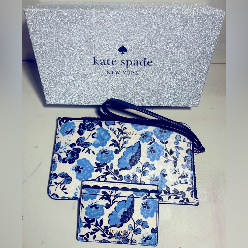 Kate Spade ♠️ Madison Medium Slim 
Blue Floral Wristlet,  card wallet and box